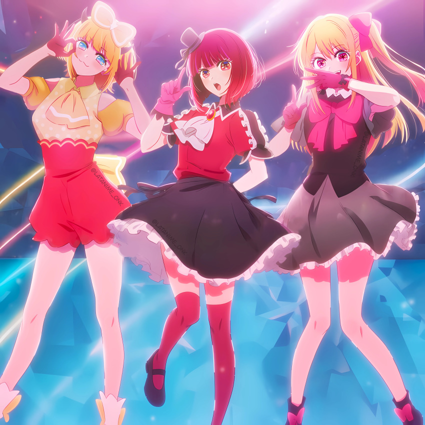 3girls, :3, absurdres, arima_kana, ascot, b-komachi_(new), black_shoes, blonde_hair, blue_eyes, bob_cut, bow, demon_horns, fake_horns, gloves, hair_between_eyes, hair_bow, hat, highres, horns, hoshino_ruby, idol, idol_clothes, inverted_bob, long_hair, looking_at_viewer, memcho, multiple_girls, one_side_up, open_mouth, oshi_no_ko, pink_eyes, pop_in_2, red_eyes, red_gloves, red_hair, red_shirt, red_shorts, red_socks, shirt, shoes, short_hair, shorts, smile, socks, star-shaped_pupils, star_(symbol), symbol-shaped_pupils