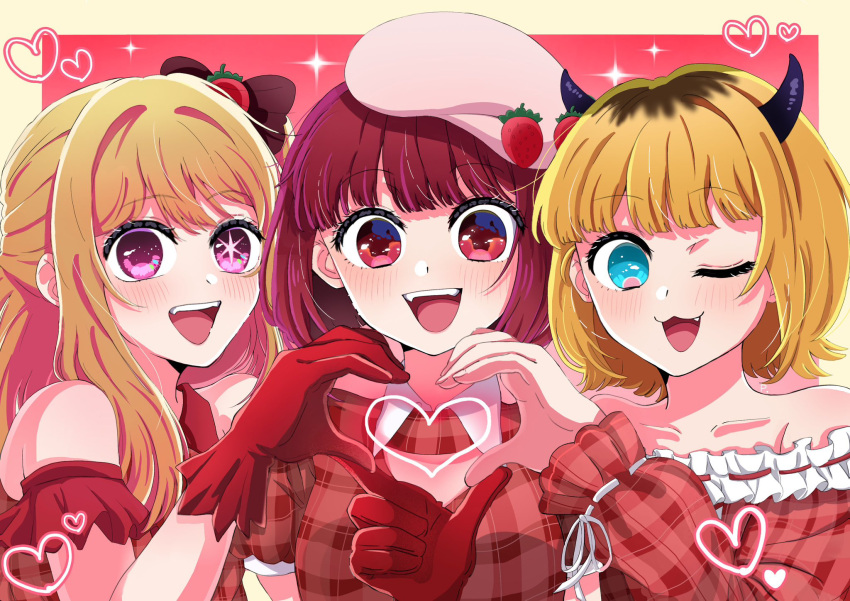 3girls, :3, arima_kana, b-komachi_(new), beret, blonde_hair, blue_eyes, blush
