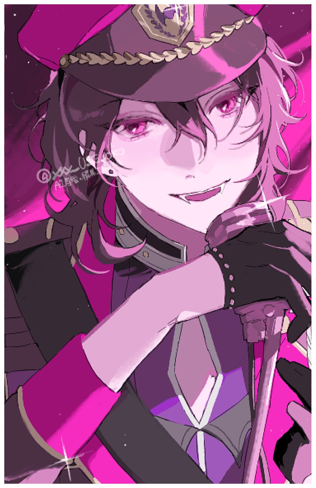 1boy, black_gloves, black_hair, border, cleavage_cutout, clothing_cutout, commentary_request, earrings, ensemble_stars!, fangs, gloves, hair_between_eyes, hat, highres, holding, holding_microphone, jewelry, male_focus, medium_hair, microphone, microphone_stand, niu_(xxx_usg_oxo), official_alternate_costume, open_mouth, peaked_cap, pink_eyes, sakuma_rei_(ensemble_stars!), smile, solo, stud_earrings, teeth, upper_body, upper_teeth_only, white_border