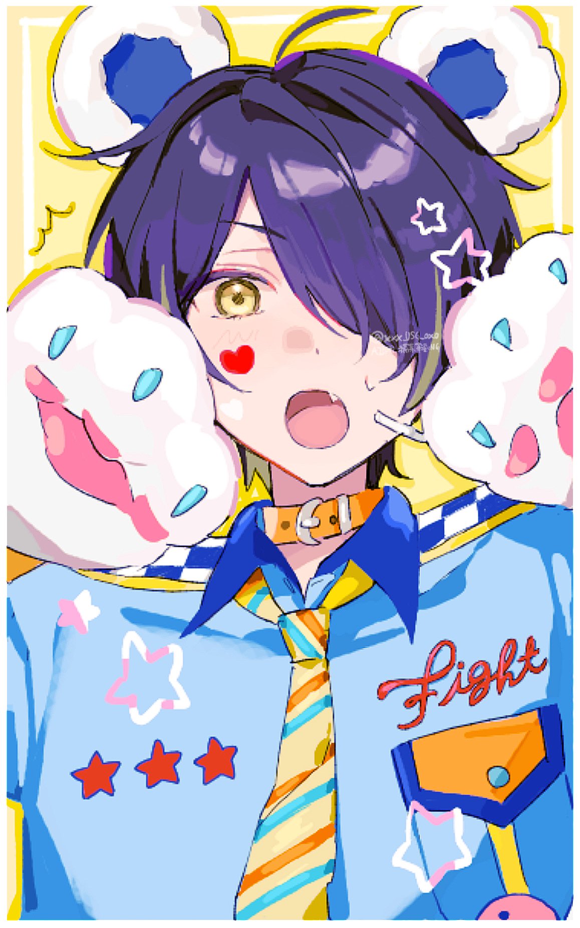 1boy, ahoge, animal_ears, animal_hands, bear_ears, belt_collar, blue_shirt, collar, commentary_request, ensemble_stars!, facial_mark, gloves, hair_over_one_eye, hands_up, heart, heart_facial_mark, highres, looking_at_viewer, male_focus, multicolored_hair, multicolored_necktie, necktie, niu_(xxx_usg_oxo), official_alternate_costume, open_mouth, paw_gloves, purple_hair, sengoku_shinobu, shirt, short_hair, solo, star_(symbol), straight-on, streaked_hair, upper_body, yellow_eyes