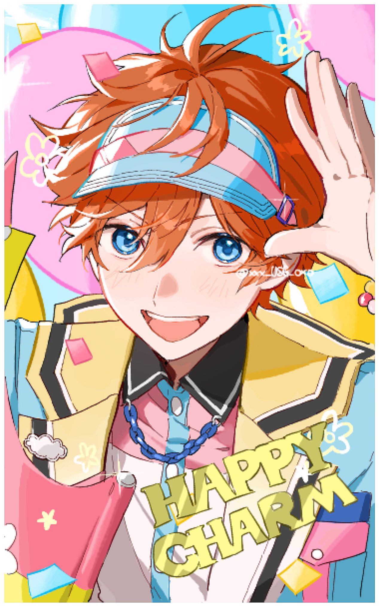 1boy, akehoshi_subaru, arm_up, blue_eyes, commentary_request, confetti, ensemble_stars!, hair_between_eyes