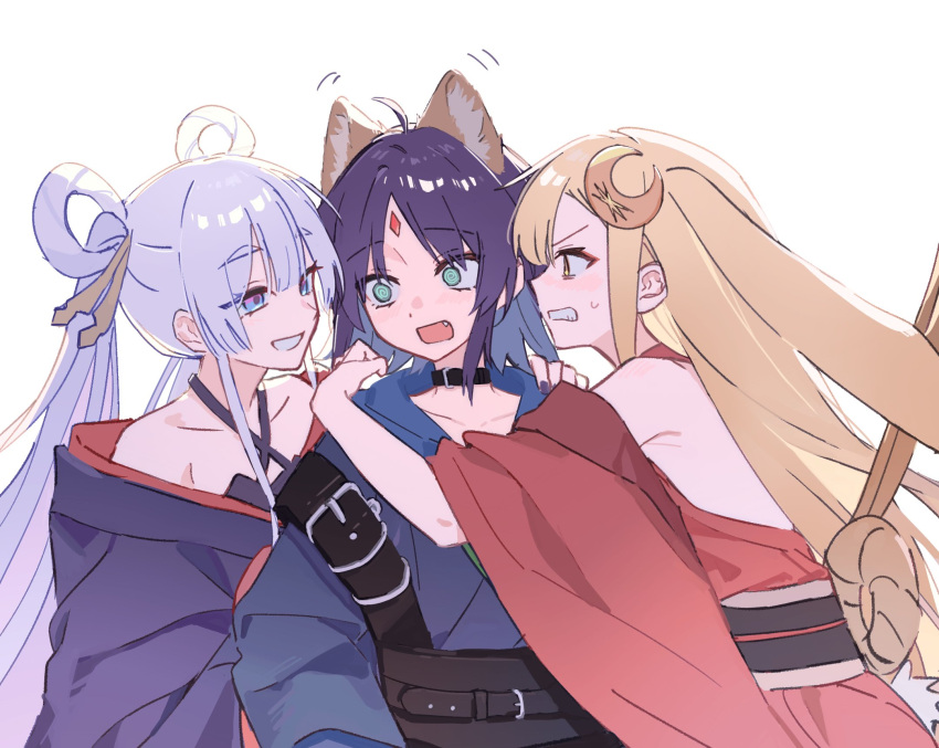 3girls, @_@, ahoge, animal_ears, bare_shoulders, blonde_hair, blue_eyes, blue_hoodie