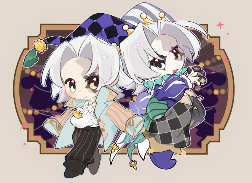 1boy, chibi, chibi_only, clown_crew_biancaviso, colored_skin, duel_monster, facial_mark, gloves