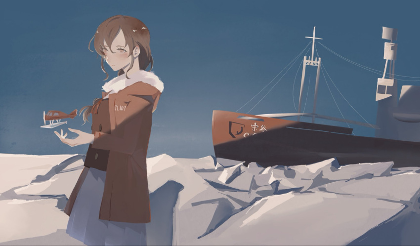 1girl, aircraft, airplane, blue_sky, braid, brown_hair, brown_shirt, commentary_request