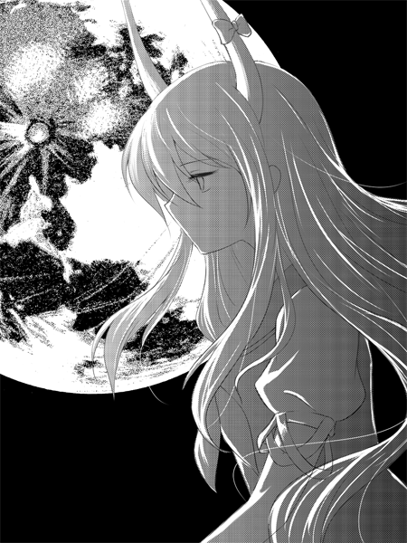 empty_eyes, ex-keine, expressionless, full_moon, horns, kamishirasawa_keine, long_hair, monochrome, moon, moonlight, night, pandagirlz, profile, short_sleeves, solo, touhou