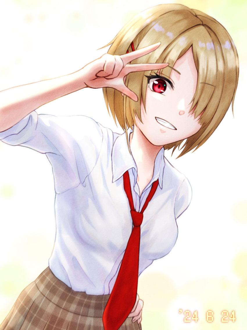 1girl, brown_hair, commentary_request, hair_ornament, hair_over_one_eye, hairpin, hand_on_own_hip, heaven_burns_red