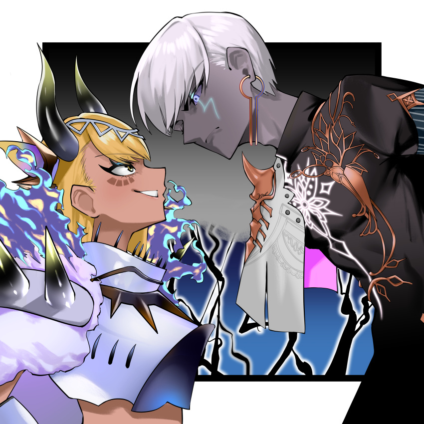 1boy, 1girl, absurdres, blue_eyes, blue_fire, colored_skin, commentary_request, dark-skinned_female