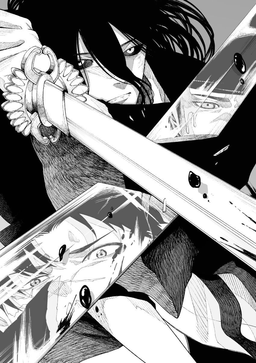 3boys, absurdres, broken, broken_sword, broken_weapon, colored_sclera, commentary_request, greyscale