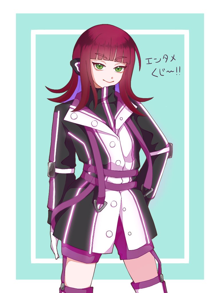 1girl, aqua_background, black_jacket, blunt_bangs, border, commentary, dr_03zeromi, gloves