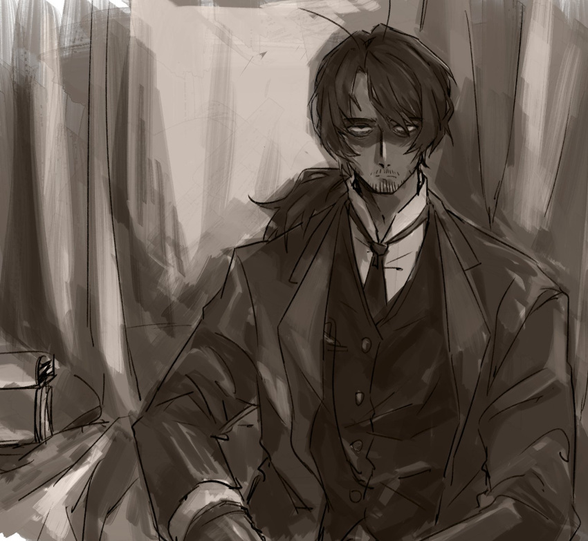 1boy, alternate_costume, antenna_hair, bags_under_eyes, beard_stubble, coat, collared_shirt, commentary