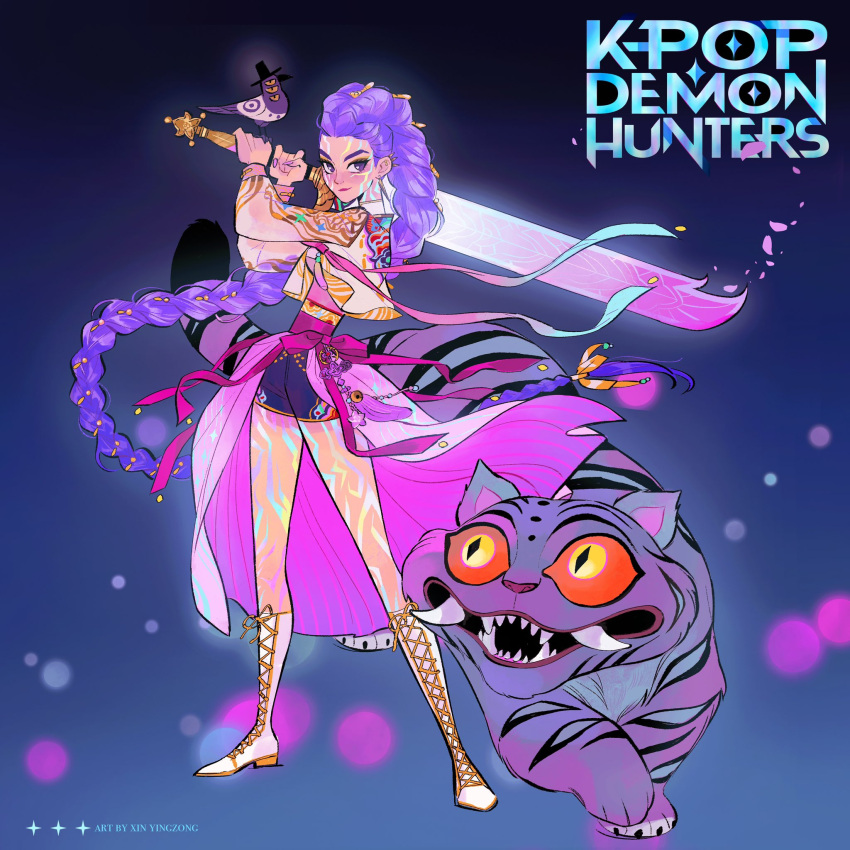 1girl, artist_name, black_hair, black_shorts, body_markings, boots, braid, commentary, copyright_name, cropped_jacket, derpy_(kpop_demon_hunters), earrings, english_commentary, extra_eyes, facial_mark, fangs, full_body, gold_trim, highres, holding, holding_sword, holding_weapon, jacket, jewelry, kiddo_hah, knee_boots, kpop_demon_hunters, light_smile, long_hair, looking_at_another, purple_hair, red_eyes, rumi_(kpop_demon_hunters), sash, shorts, single_braid, slit_pupils, standing, sussie_(kpop_demon_hunters), sword, tiger, very_long_hair, waist_sash, weapon, white_boots, white_jacket