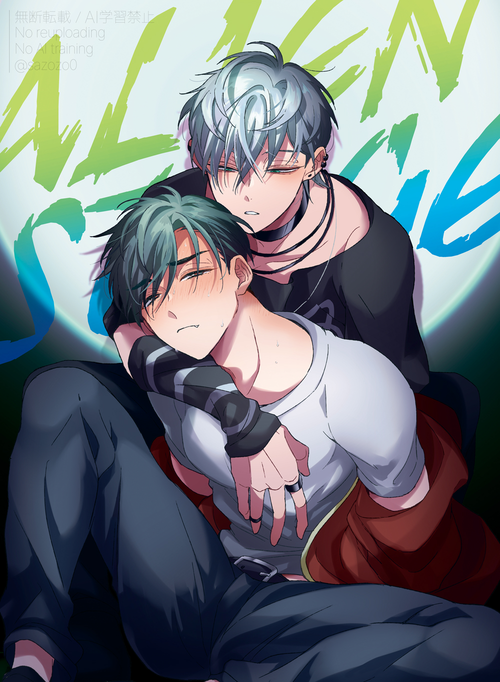 2boys, alien_stage, arm_warmers, black_arm_warmers, black_choker, black_eyes, black_hair, black_pants