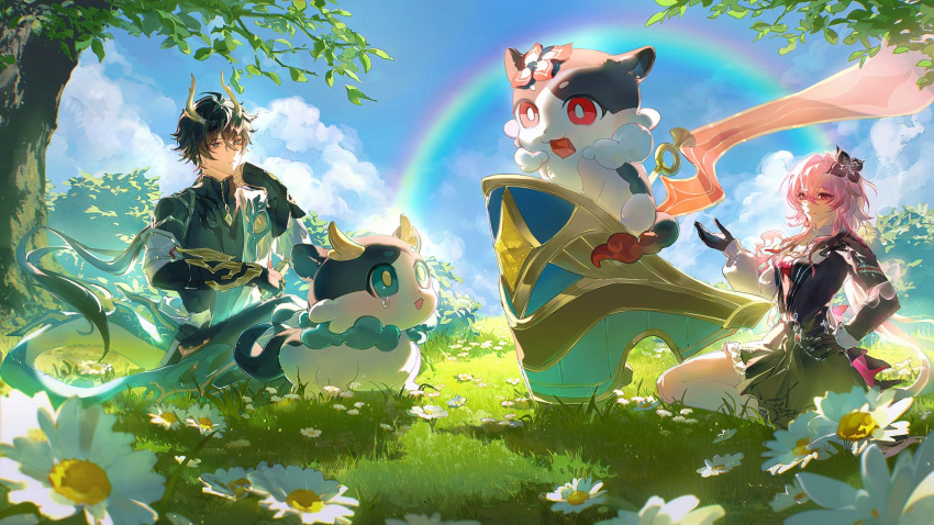 1boy, 1girl, black_hair, bright_pupils, chimera_(honkai:_star_rail), clouds, cloudy_sky, collar, dan_heng_(honkai:_star_rail), dan_heng_(permansor_terrae)_(honkai:_star_rail), dan_heng_(toasty_dragon)_(honkai:_star_rail), dragon_boy, dragon_horns, dragon_tail, dress, evernight_(gummy_roll)_(honkai:_star_rail), evernight_(honkai:_star_rail), flower, gloves, hadanugi_dousa, hashtag-only_commentary, highres, holding, holding_scroll, honkai:_star_rail, honkai_(series), horns, layered_clothes, long_hair, march_7th_(honkai:_star_rail), on_grass, pink_hair, rainbow, red_eyes, scroll, sitting, sky, tail, teardrop, tree, very_long_hair, white_flower, yui_hakuchuumu