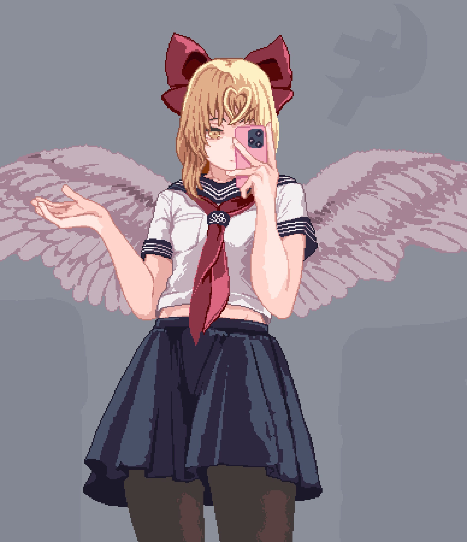 1girl, alternate_costume, black_leggings, blonde_hair, blue_sailor_collar, blue_skirt, bow, breast_pocket