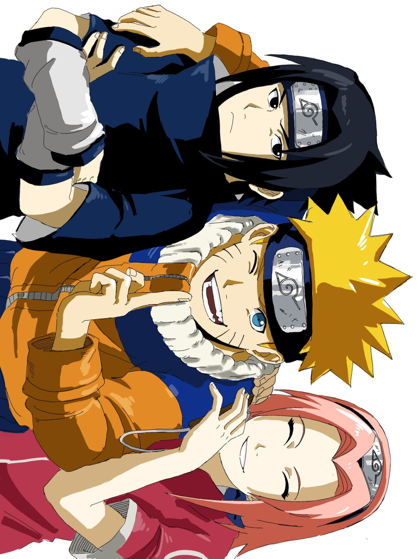 0000ff991, 1girl, 2boys, commentary_request, facial_mark, flak_jacket, forehead_protector, happy