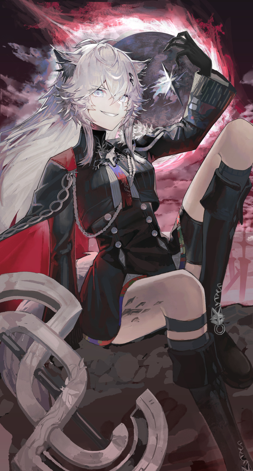 1girl, absurdres, animal_ear_fluff, animal_ears, arknights, arm_up, black_boots, black_capelet, black_coat, black_dress, black_gloves, black_jacket, black_sky, boots, breasts, buttons, cape, capelet, coat, commentary_request, double-breasted, dress, feet_out_of_frame, foot_out_of_frame, gloves, grey_eyes, grey_hair, grin, hair_between_eyes, hair_ornament, hairclip, high_collar, highres, holding, jacket, knee_boots, knee_up, lappland_(arknights), lappland_the_decadenza_(arknights), long_hair, long_sleeves, looking_at_viewer, material_growth, messy_hair, official_alternate_costume, oripathy_lesion_(arknights), parted_lips, red_sky, sanzuitaroh, scar, scar_across_eye, scar_on_face, sharp_teeth, sitting, skirt, sky, smile, solo, sword, tail, teeth, thigh_strap, very_long_hair, weapon, white_hair, wolf_ears, wolf_girl, wolf_tail