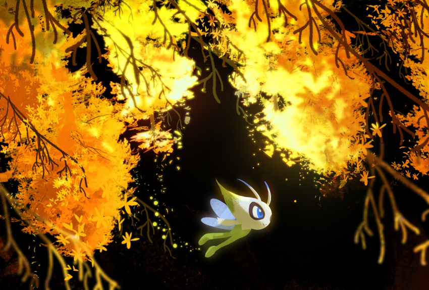 black_background, branch, celebi, commentary_request, creature, creature_focus, doorwood, flying