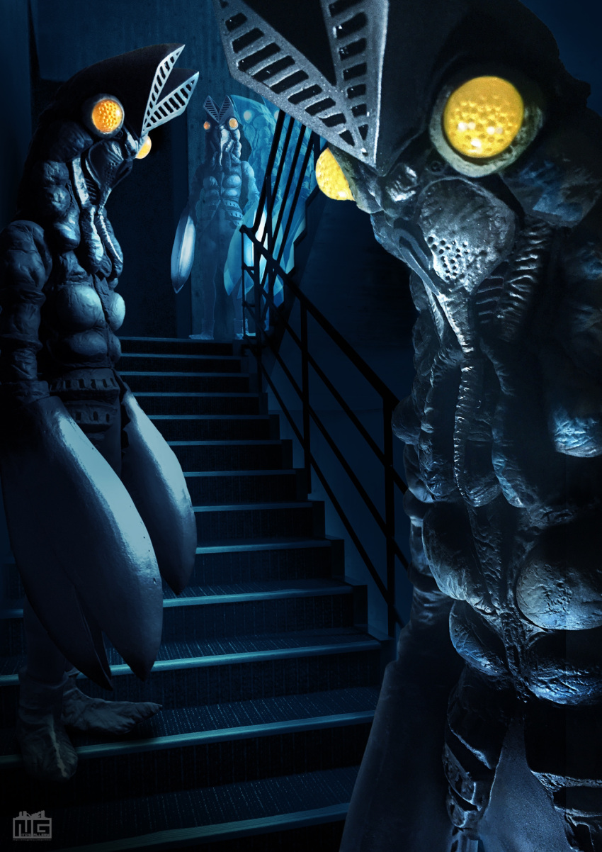 5boys, arms_at_sides, artist_name, baltan_seijin, clone, colored_skin, commentary_request, dark