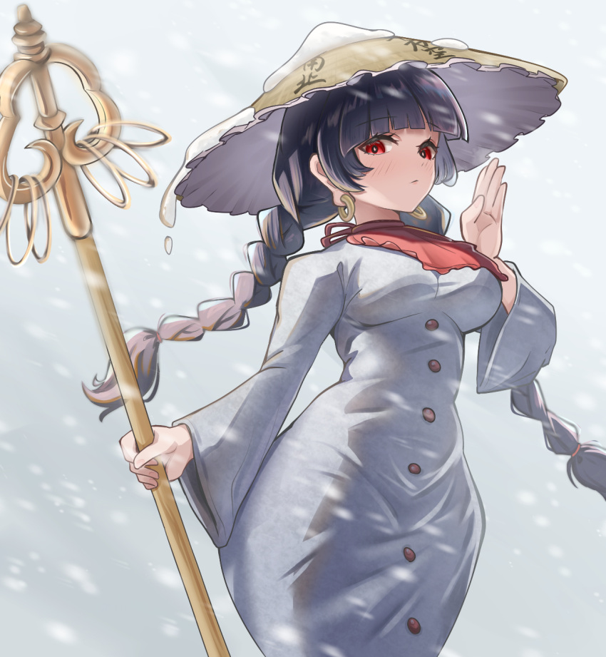1girl, ajirogasa, bandana, blunt_bangs, blush, braid, breasts, closed_mouth