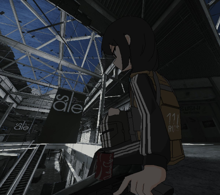 1girl, adidas, banner, black_hair, black_track_suit, bulletproof_vest, can, coca-cola