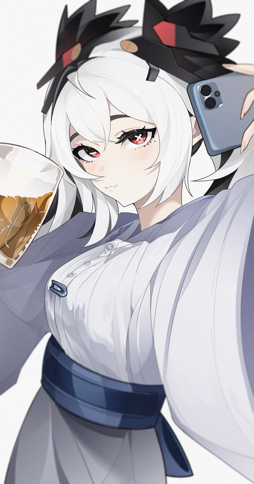 1girl, absurdres, alternate_costume, beer_mug, cellphone, commentary_request, cup, fley-lan