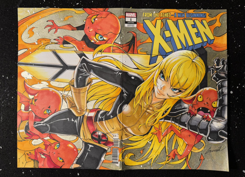 1girl, 5others, asymmetrical_gloves, barcode, belt, black_bodysuit, black_gloves, blonde_hair