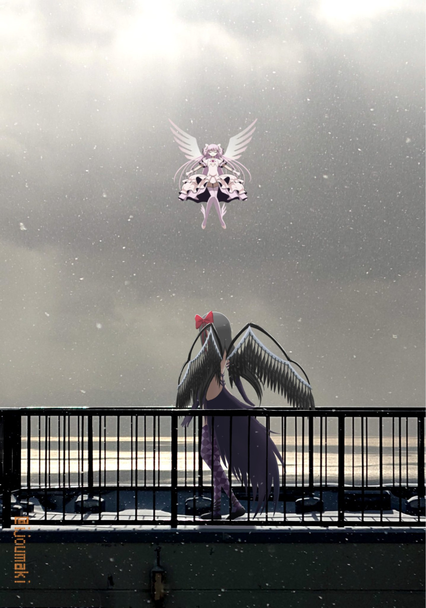 2girls, akemi_homura, akuma_homura, black_gloves, black_hair, bow, choker, commentary_request