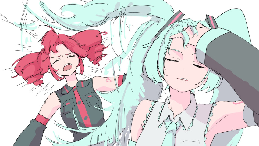 2girls, adjusting_hair, afterimage, arm_tattoo, armpits, black_shirt, closed_eyes, collared_shirt