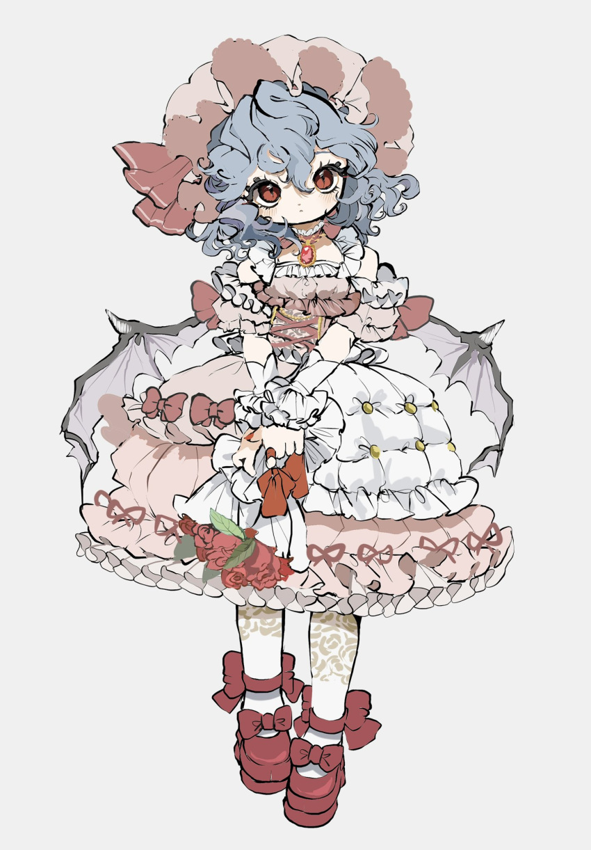 1girl, alternate_costume, bat_wings, blue_hair, blush, bouquet, bow, classic_lolita, dress, fashion, flower, frilled_dress, frills, full_body, hair_between_eyes, hat, hat_ribbon, highres, holding, holding_bouquet, inkopico, jewelry, lolita_fashion, looking_at_viewer, mary_janes, mob_cap, open_mouth, pink_dress, pink_hat, red_bow, red_eyes, red_shoes, remilia_scarlet, ribbon, rose, shoes, short_hair, simple_background, solo, touhou, white_background, wings, wrist_cuffs