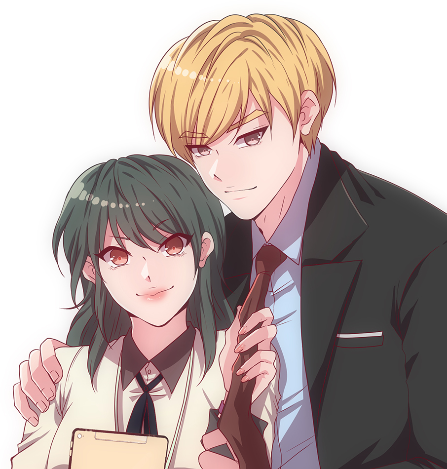1boy, 1girl, age_matters, black_suit, blonde_hair, brown_eyes, closed_mouth, commentary