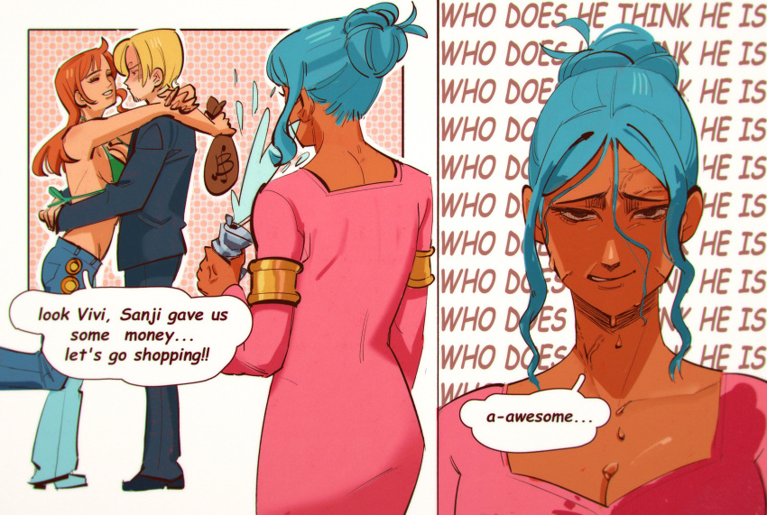 1boy, 2girls, absurdres, angry, bikini, bikini_top_only, blonde_hair, blue_eyes