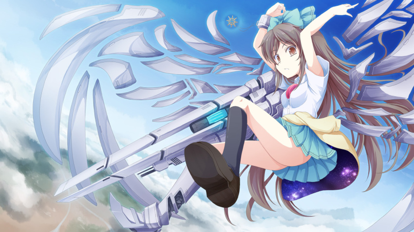 alternate_weapon, alternate_wings, arms_up, artificial_wings, bow, brown_eyes, brown_hair, cannon, cape, cloud, falling, flying, hair_bow, highres, looking_at_viewer, mechanical_foot, mechanical_wings, necktie, no_panties, reiuji_utsuho, school_uniform, serafuku, skirt, sky, solo, space, touhou, tri, upskirt, weapon, wings