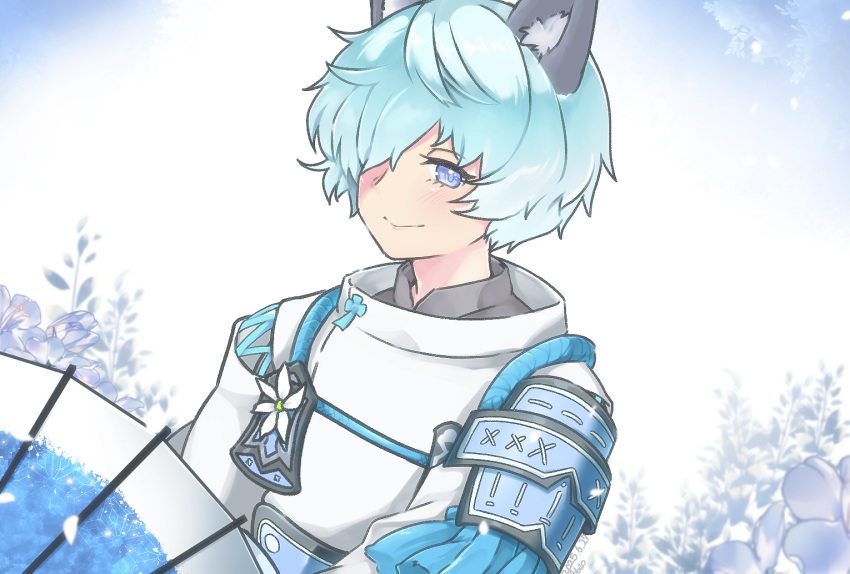 1boy, animal_ears, armor, blue_eyes, commentary_request, fubuki_(rune_factory), hair_over_one_eye, japanese_armor, japanese_clothes, looking_at_viewer, male_focus, mitsuru_(pipi2001), rune_factory, rune_factory:_guardians_of_azuma, short_hair, smile, solo, wolf_boy, wolf_ears