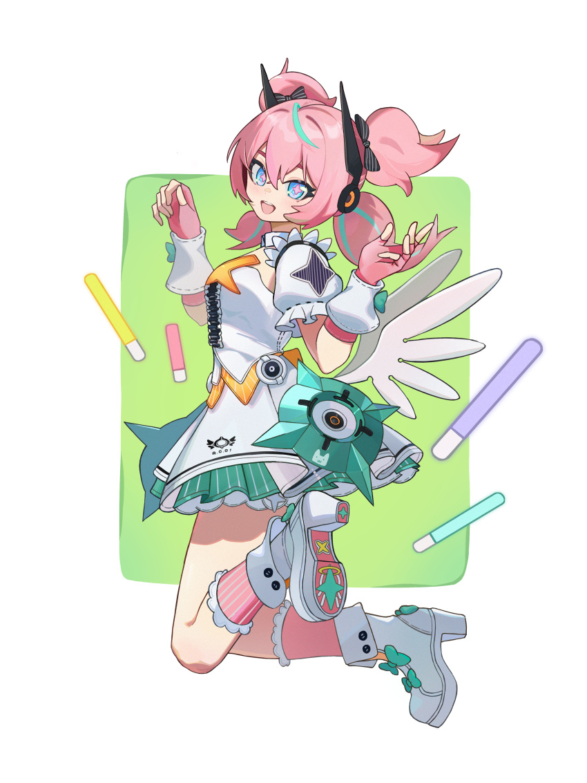 1girl, absurdres, aqua_hair, aqua_streaks, aria_(zenless_zone_zero), blue_eyes, blush, border, commentary_request, crossed_bangs, detached_sleeves, dress, frilled_sleeves, frilled_socks, frills, gloves, glowstick, green_background, hair_between_eyes, highres, layered_dress, looking_at_viewer, multicolored_hair, open_mouth, penlight_(glowstick), pink_gloves, pink_hair, pink_socks, shoes, socks, solo, streaked_hair, striped_clothes, striped_socks, twintails, user_dxea3778, white_border, white_dress, white_shoes, white_wings, wings, zenless_zone_zero