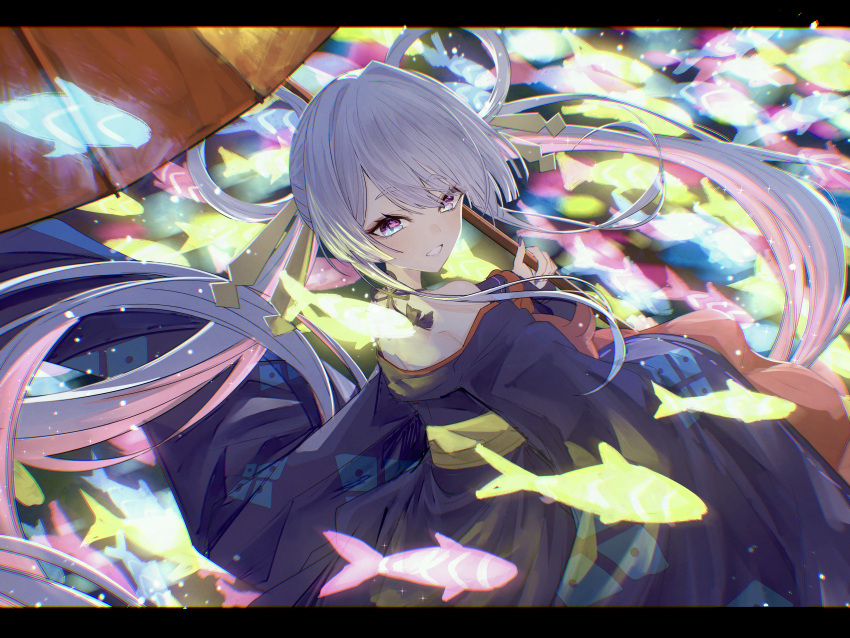 absurdres, blue_eyes, chou_kaguya-hime!, commentary, fish, floating_hair, hair_intakes, hair_ornament