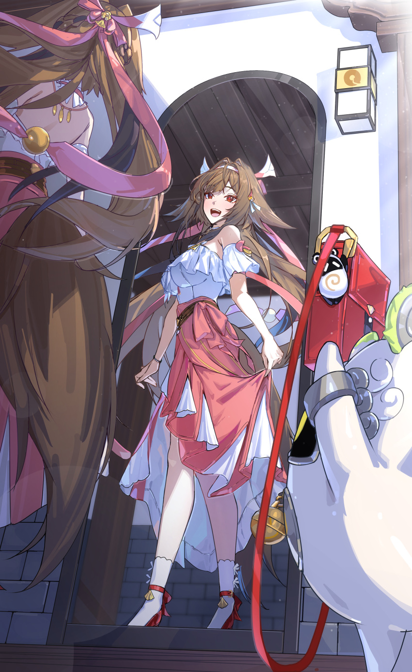 1girl, absurdres, armband, bag, bangboo_(zenless_zone_zero), bare_shoulders, belion_(zenless_zone_zero), bracelet