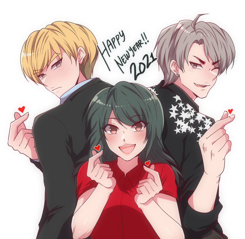 1girl, 2021, 2boys, :d, age_matters, blonde_hair, brown_eyes, closed_mouth