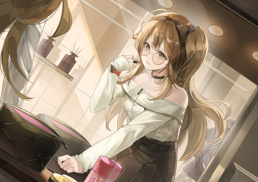 2girls, absurdres, alternate_costume, applying_makeup, applying_own_makeup, bag, black_bag, black_choker