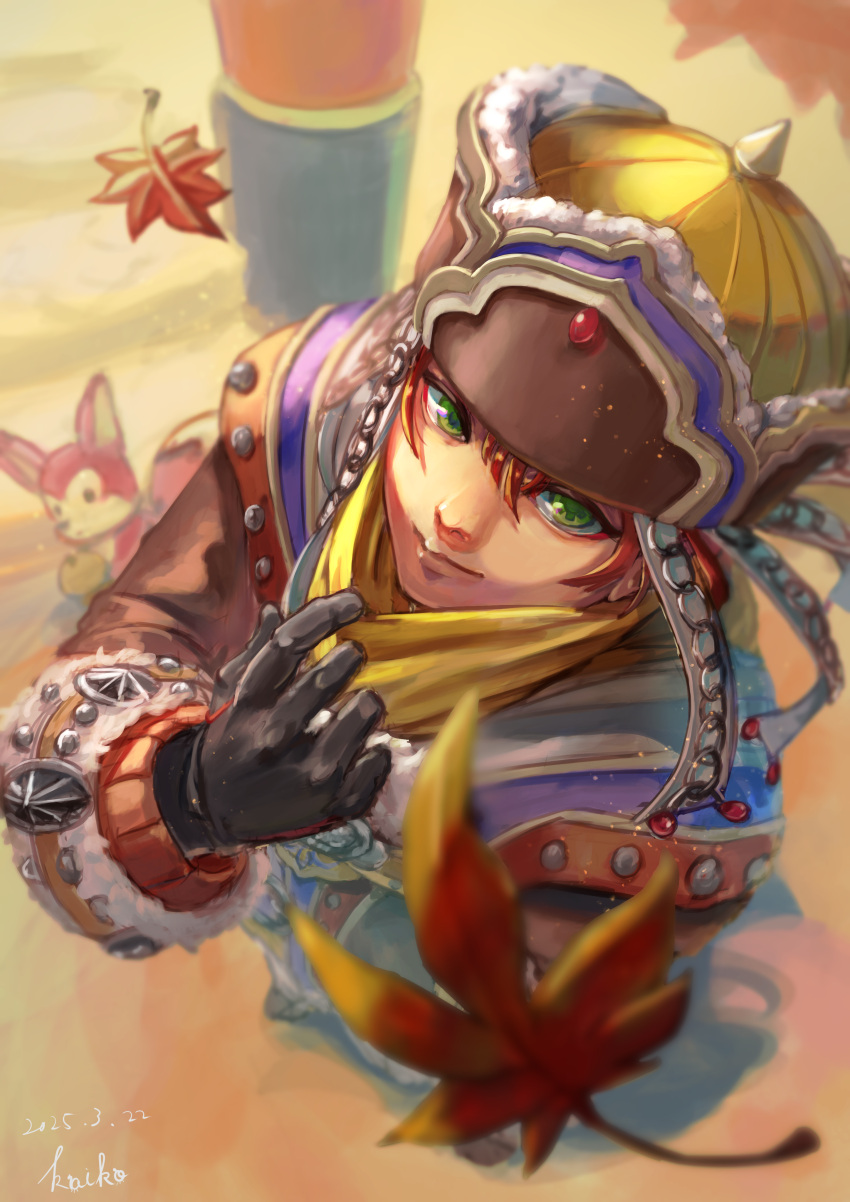 1boy, 1other, absurdres, black_gloves, cuilang_(rune_factory), gloves, green_eyes, hair_between_eyes