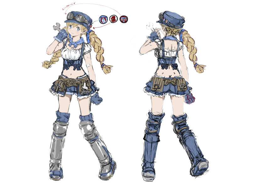 1girl, blonde_hair, blue_shorts, breasts, butt_crack, closed_mouth, commentary_request, highres
