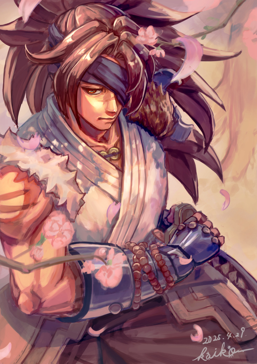 1boy, absurdres, blue_headband, brown_hair, headband, highres, japanese_clothes, kaiko_pekoe