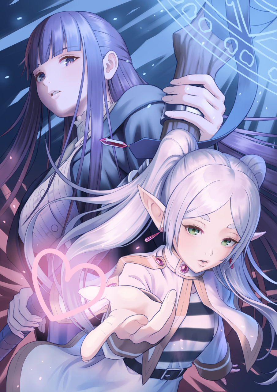 2girls, blunt_bangs, breasts, casting_spell, checkered_clothes, checkered_shirt, commentary, dress