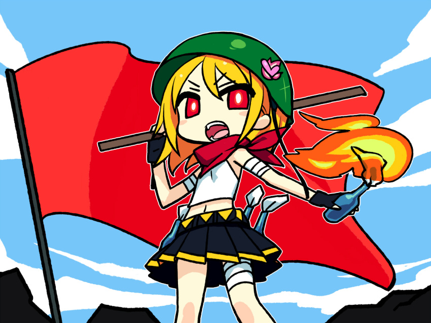 angry, bandage, bandages, bandana, blonde_hair, blush_stickers, bokken, bottle