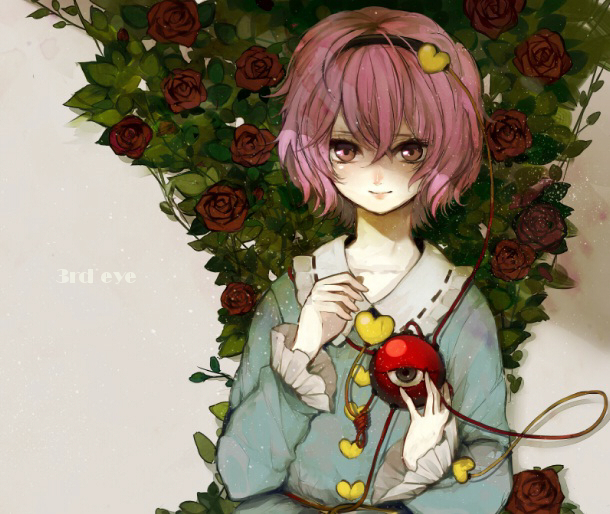 arm_up, bad_id, bush, face, flower, hairband, heart, komeiji_satori, pale_skin, pink_eyes, pink_hair, red_rose, rose, rose_bush, rosebush, shirt, short_hair, smile, solo, third_eye, tomoe_(itigo), touhou