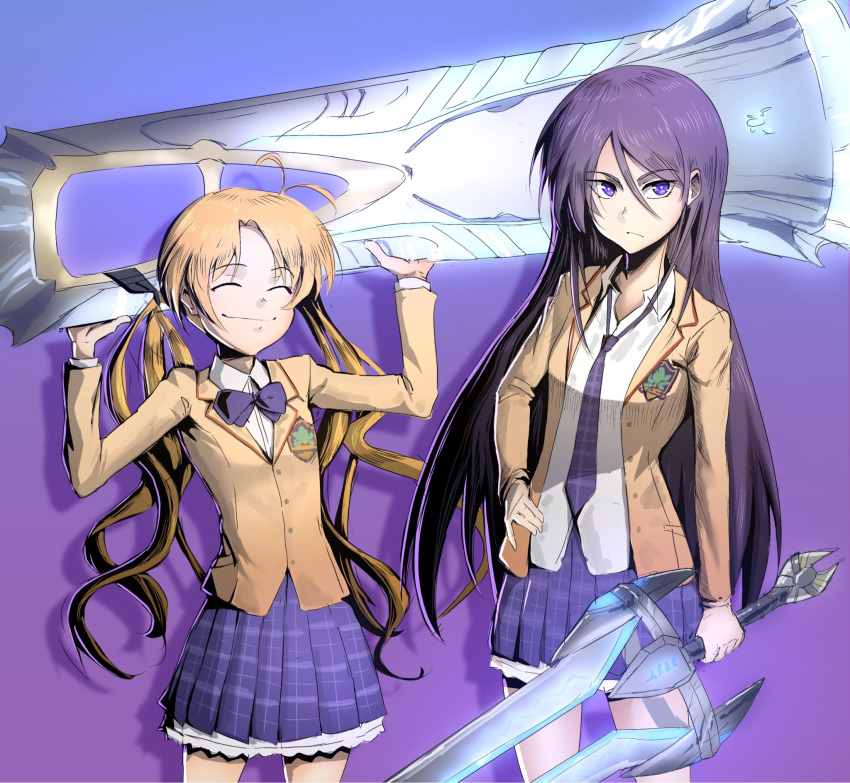 2girls, aoi_sena, blazer, blonde_hair, bow, bowtie, brown_jacket, chaos;head