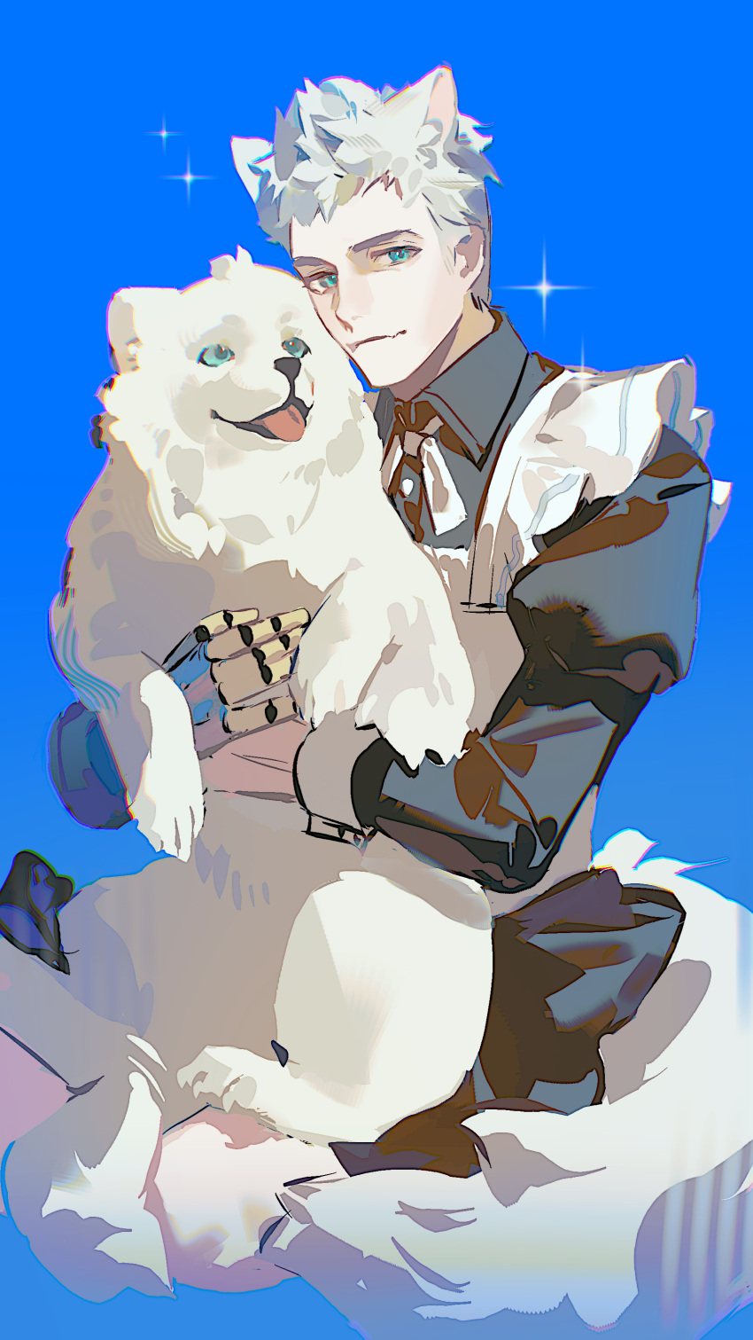 1boy, absurdres, alternate_costume, animal, animal_ears, aqua_eyes, blue_background, boli9904, closed_mouth, collared_dress, commentary, devil_may_cry_(series), dog, dog_boy, dog_ears, dog_tail, dress, head_tilt, highres, holding, holding_animal, long_sleeves, looking_at_viewer, maid, nero_(devil_may_cry), puffy_long_sleeves, puffy_sleeves, shade, simple_background, solo, sparkle, symbol-only_commentary, tail, tongue, tongue_out, upper_body, white_hair