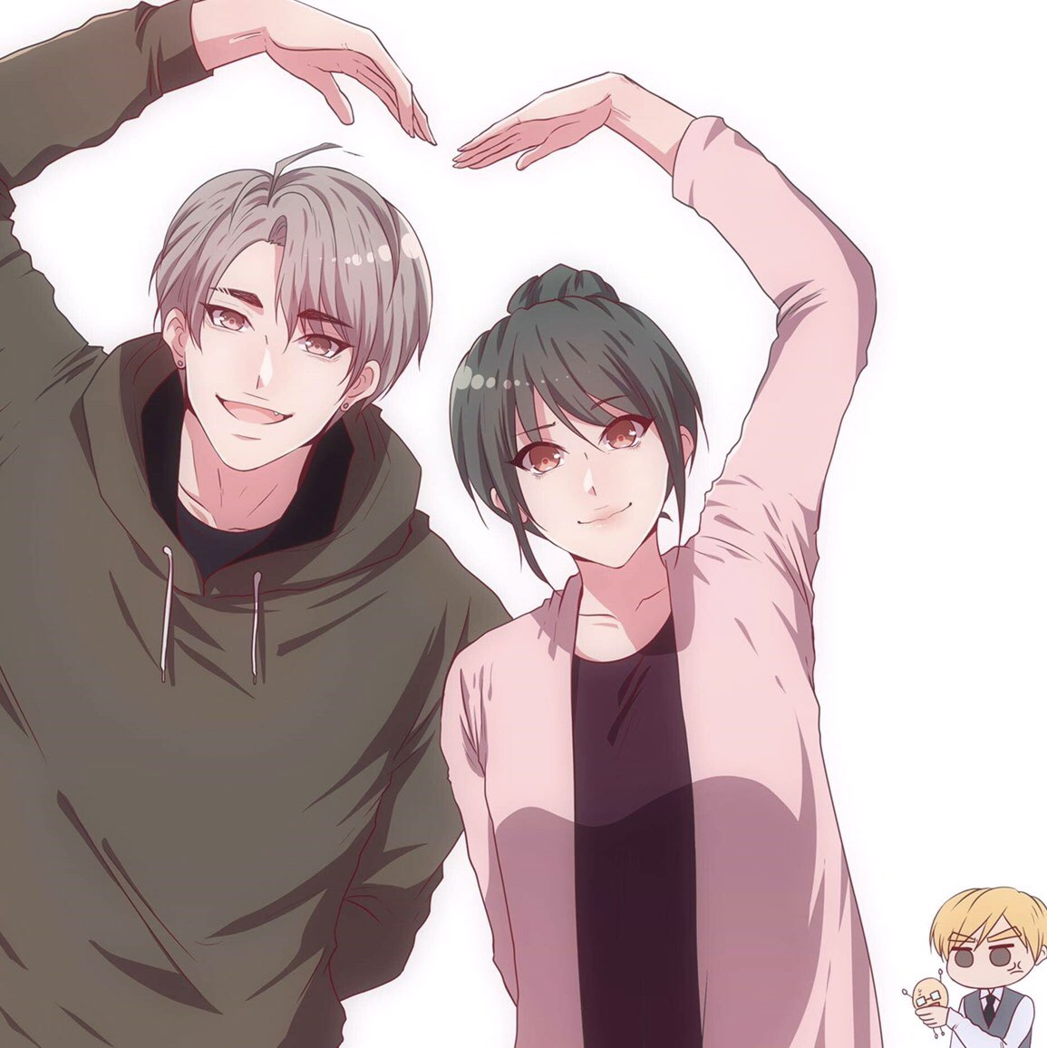 1girl, 2boys, age_matters, arm_behind_back, artist_self-insert, blonde_hair, brown_eyes, brown_hoodie