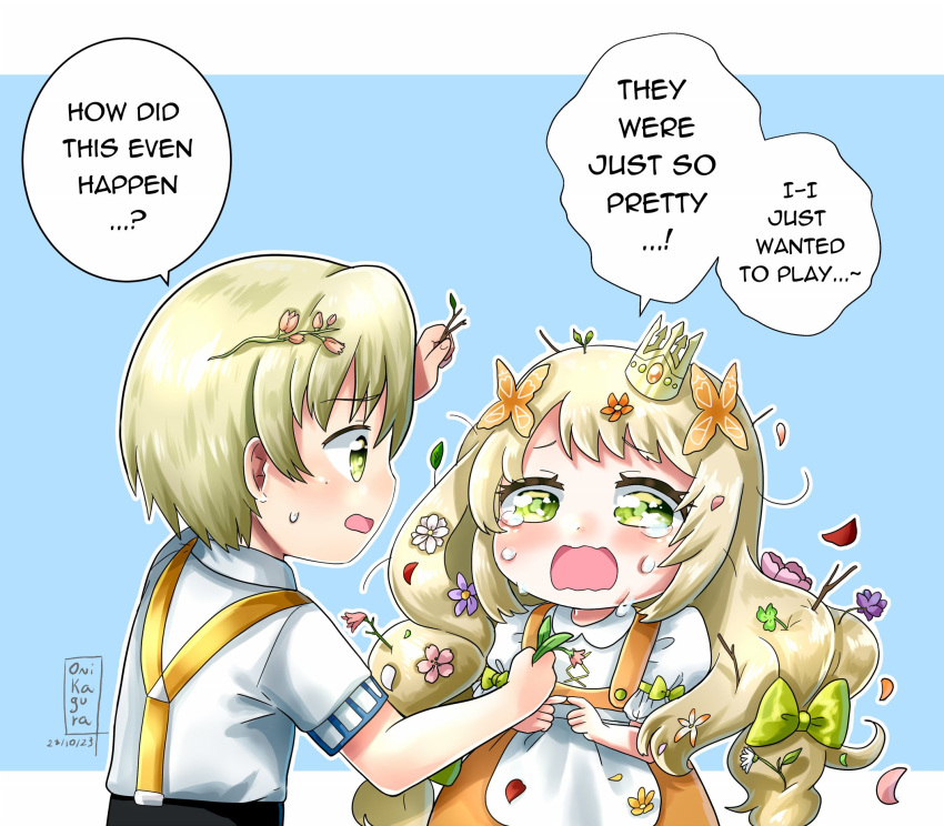 1boy, 1girl, alfred_(fire_emblem), alternate_costume, blonde_hair, brother_and_sister, celine_(fire_emblem), crying
