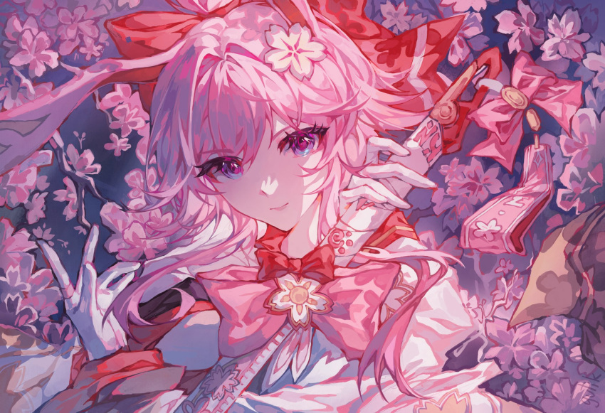 1girl, animal_ears, cherry_blossoms, commentary, evanescia_(honkai:_star_rail), fox_ears, fox_girl, highres