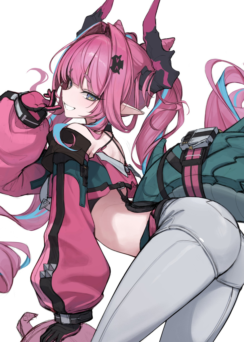 1girl, :d, absurdres, arknights, arknights:_endfield, arm_support, back, bare_shoulders, bent_over, black_gloves, black_horns, blue_hair, crop_top, dragon_girl, dragon_horns, dragon_tail, drill_hair, from_side, g_home, gloves, grey_pants, hair_intakes, hair_ornament, hairclip, halterneck, highres, horns, long_hair, long_sidelocks, looking_at_viewer, looking_back, multicolored_eyes, multicolored_hair, pants, pink_hair, pointy_ears, pouch, puffy_sleeves, sidelocks, smile, solo, stomach, streaked_hair, tail, tail_pouch, thick_eyebrows, twin_drills, twintails, yvonne_(arknights)